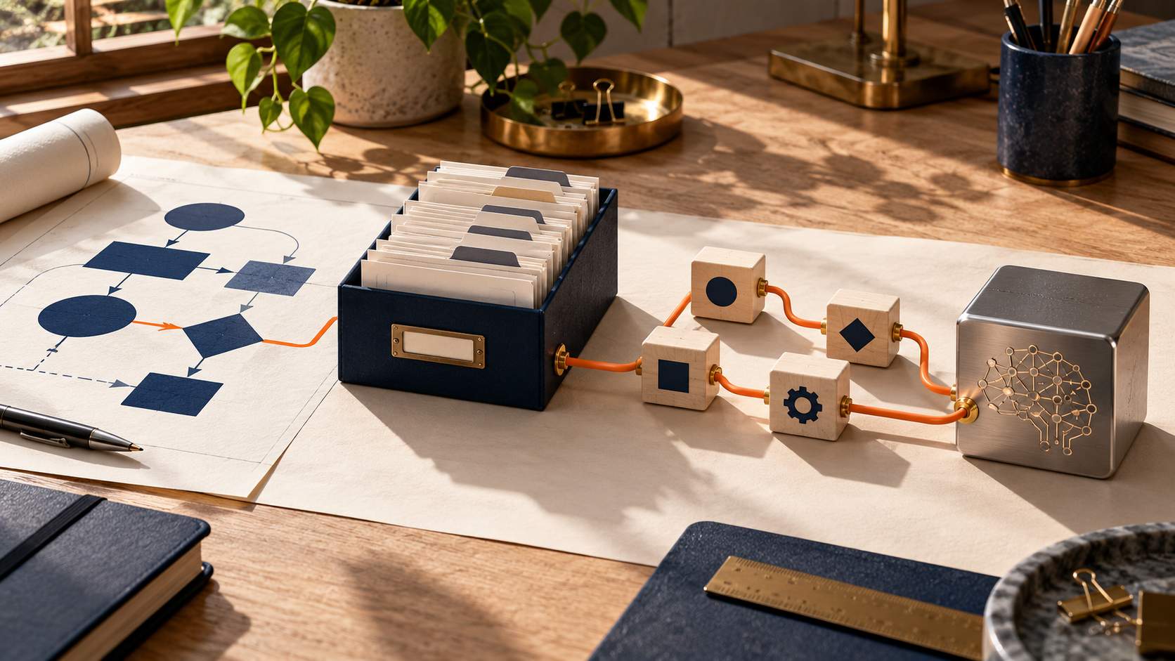 Quatre étapes reliées : processus, données rangées, automatisation puis module d’intelligence artificielle.