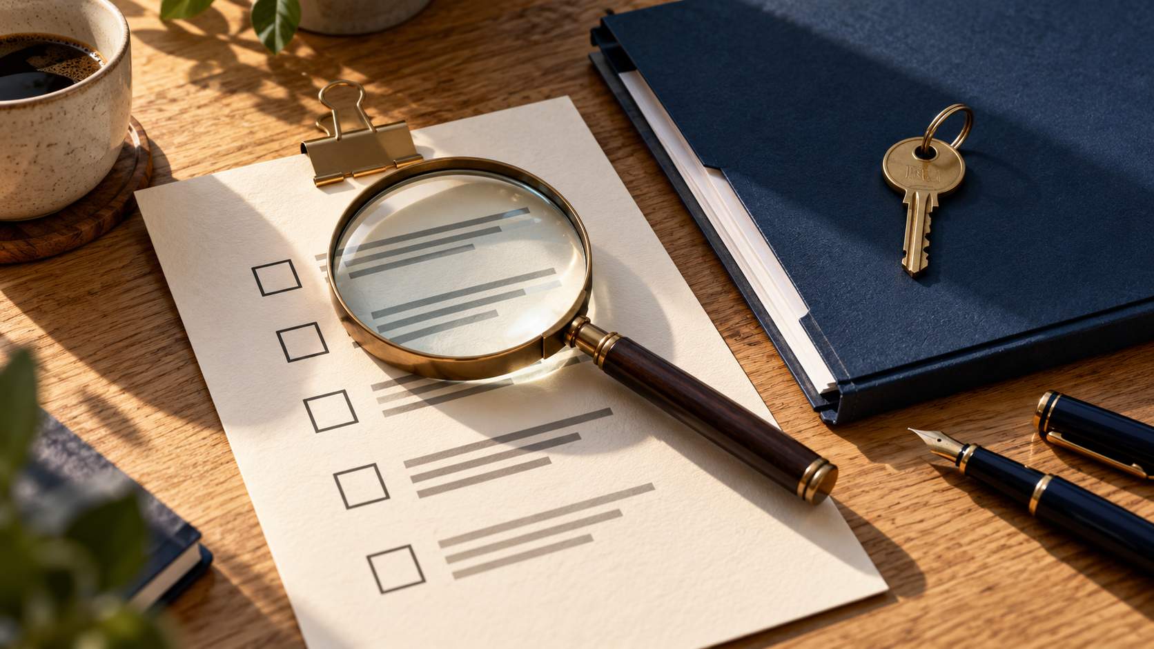 Une loupe, une grille de vérification et une clé posée sur un dossier de documentation.