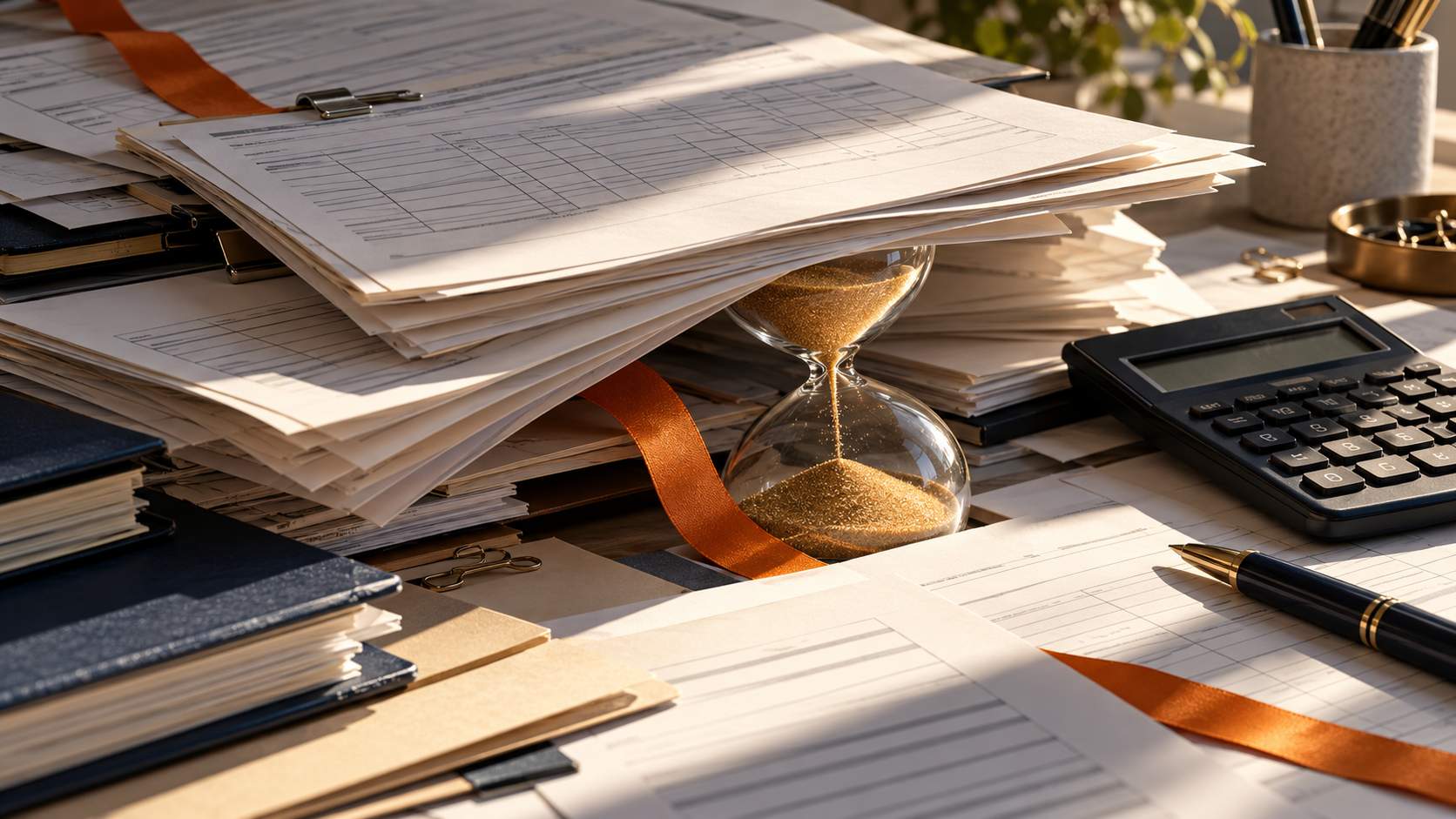 Un sablier partiellement caché sous des feuilles administratives, à côté d’une calculatrice.