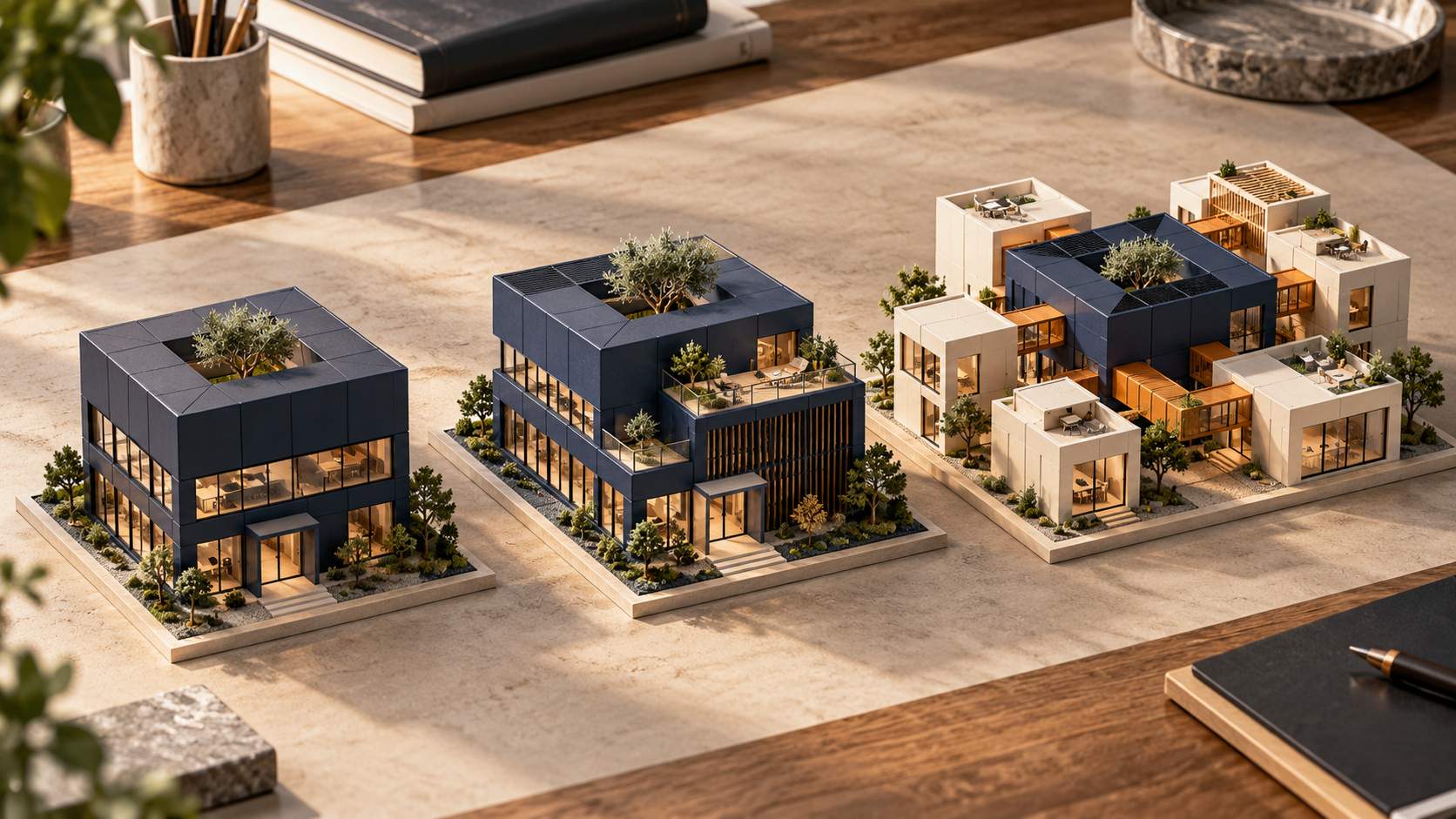 Trois maquettes : deux bâtiments compacts et un ensemble modulaire avec des extensions reliées.