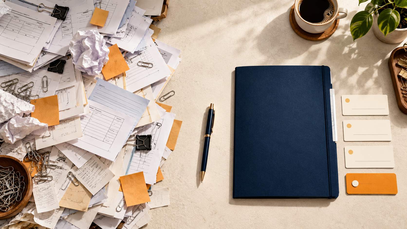 Une pile de tâches administratives dispersées fait place à un dossier et à quelques étapes ordonnées.