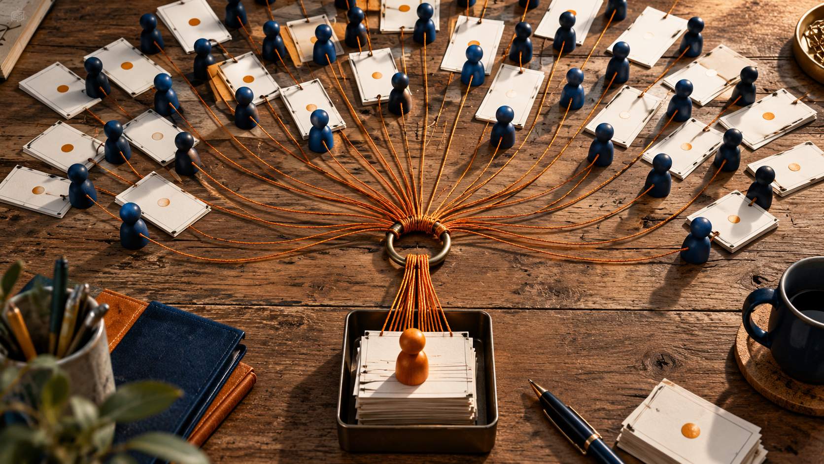 Les liens d’un réseau de formateurs convergent vers un seul point de coordination encombré.