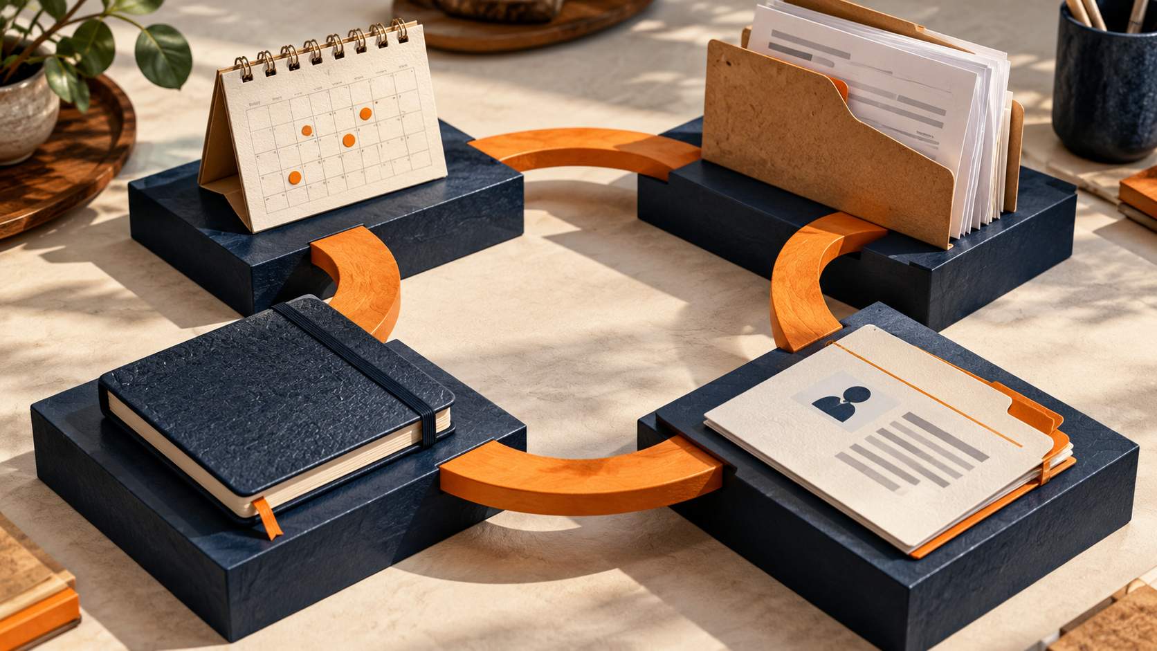 Des passerelles orange relient quatre ensembles distincts : sessions, factures, comptabilité et formateurs.