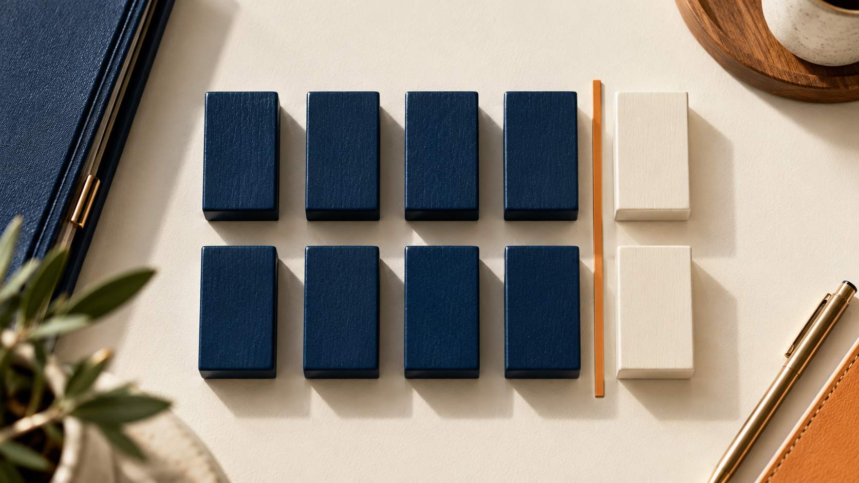 Dix blocs répartis en huit blocs bleu nuit et deux écrus, séparés par un repère de seuil orange.