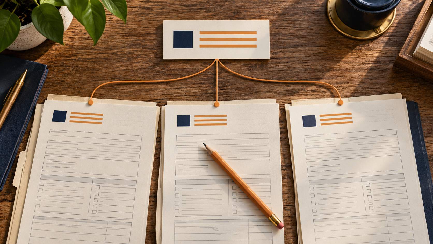 Trois formulaires répètent le même bloc d’information, relié à une fiche source unique.
